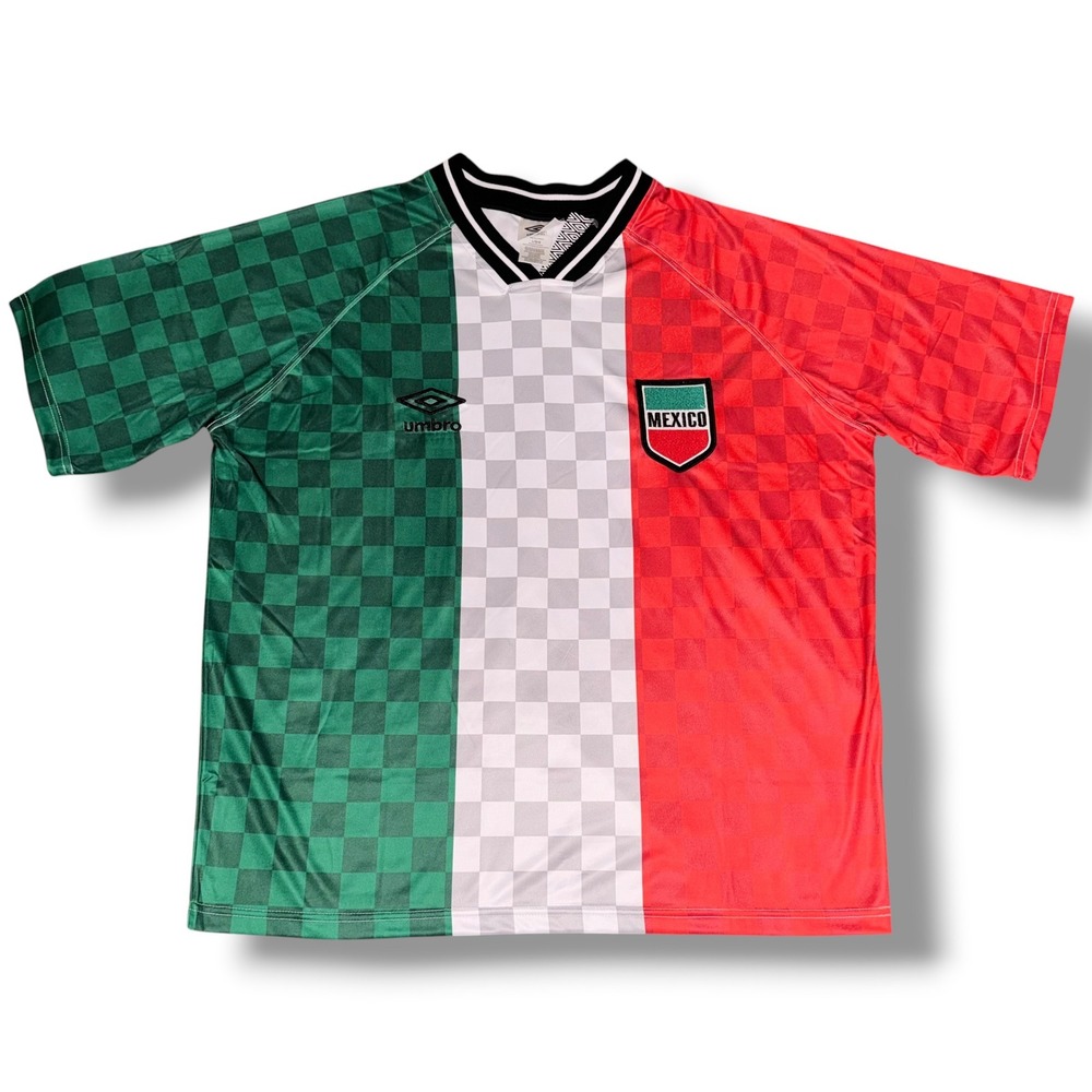 Umbro Soccer Jersey Mens Large Green White Red Mexico Checkerboard V-Neck NEW